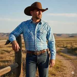 BKE Standard fit XL Blue Plaid long sleeve Western pearl snap shirt